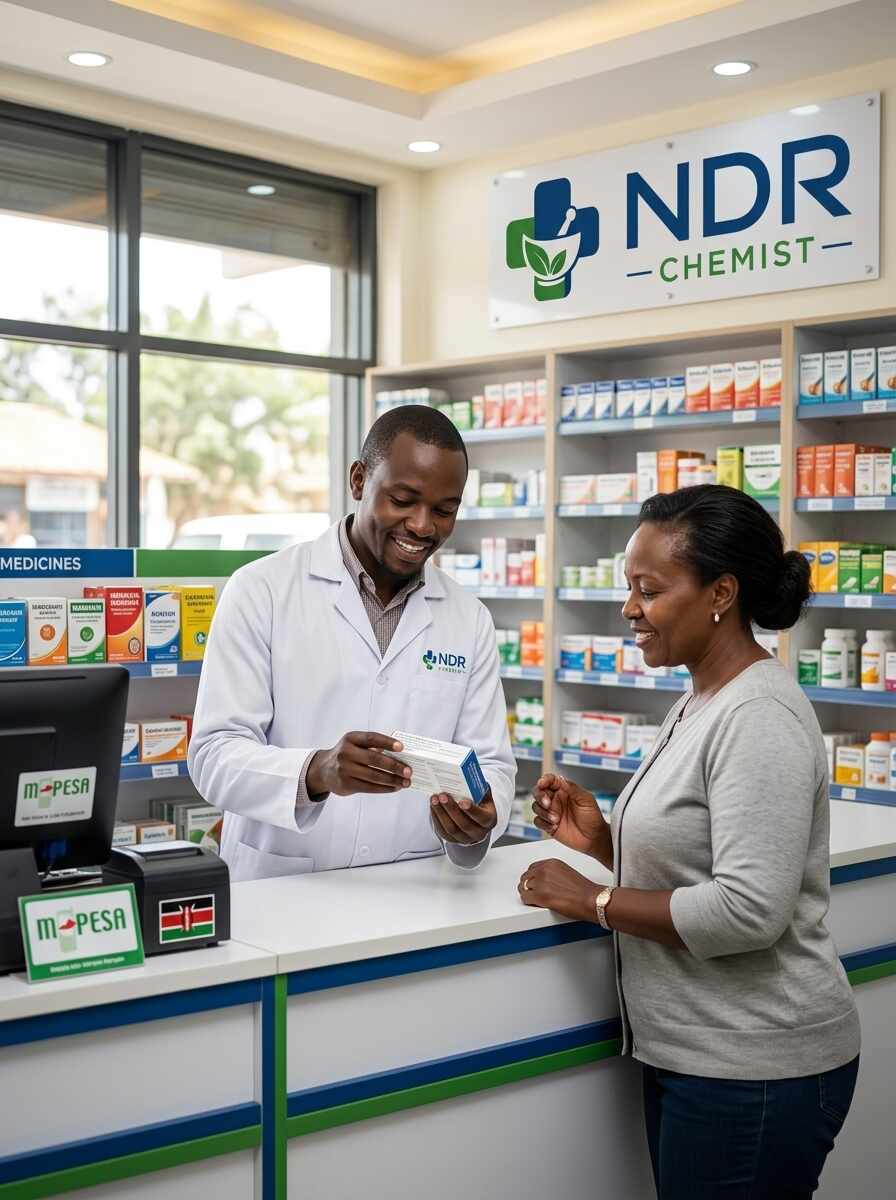 Pharmacist at the NDR Chemist counter processing an M-Pesa payment