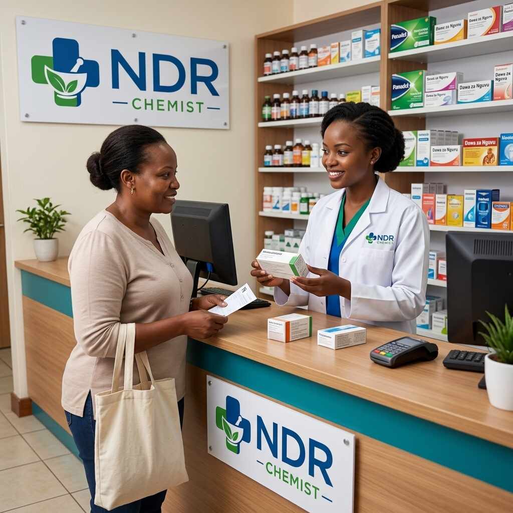 NDR Chemist pharmacist serving a customer with a tote bag at the counter