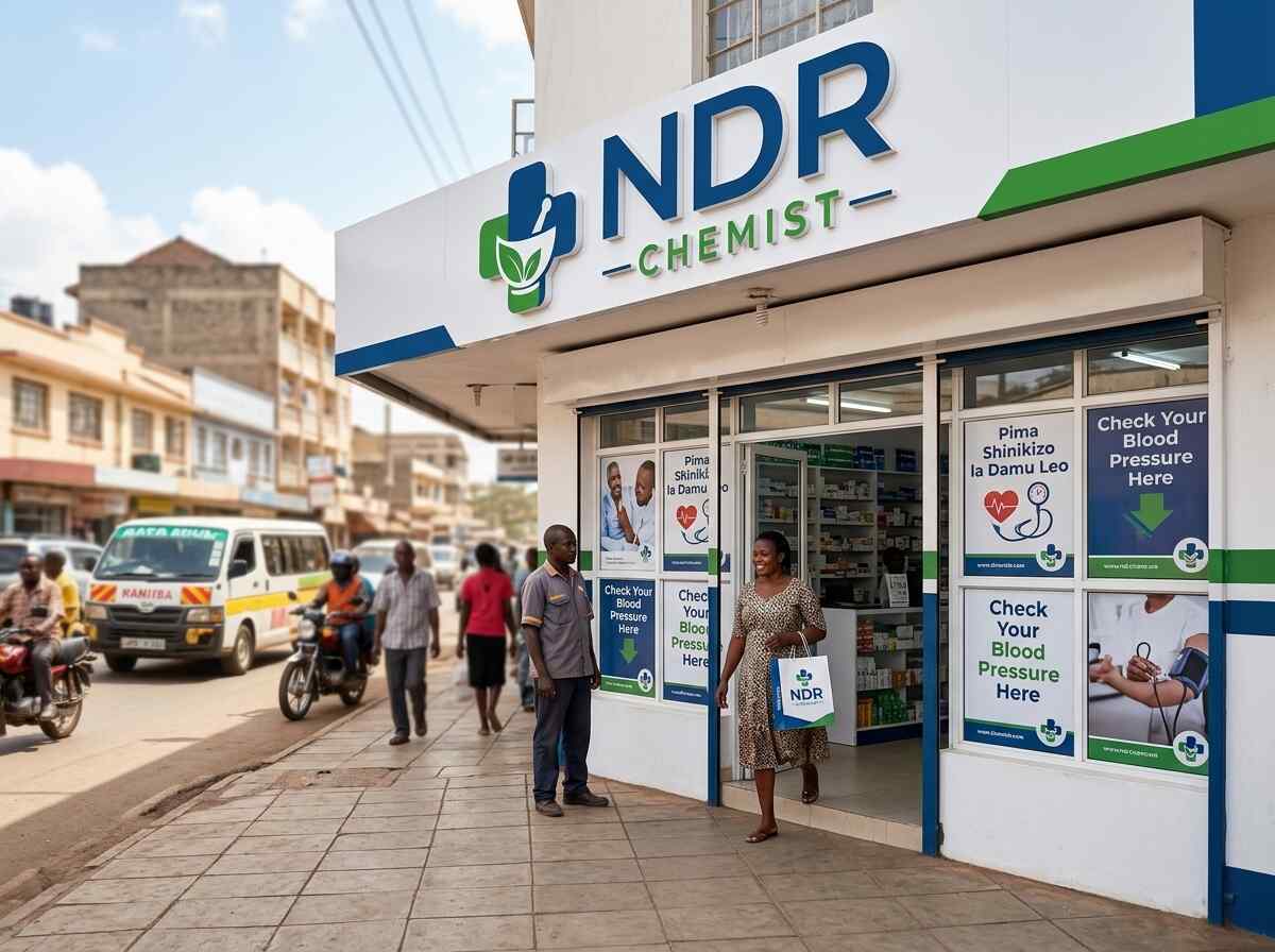 Wide shot of the NDR Chemist interior with an elderly customer being served