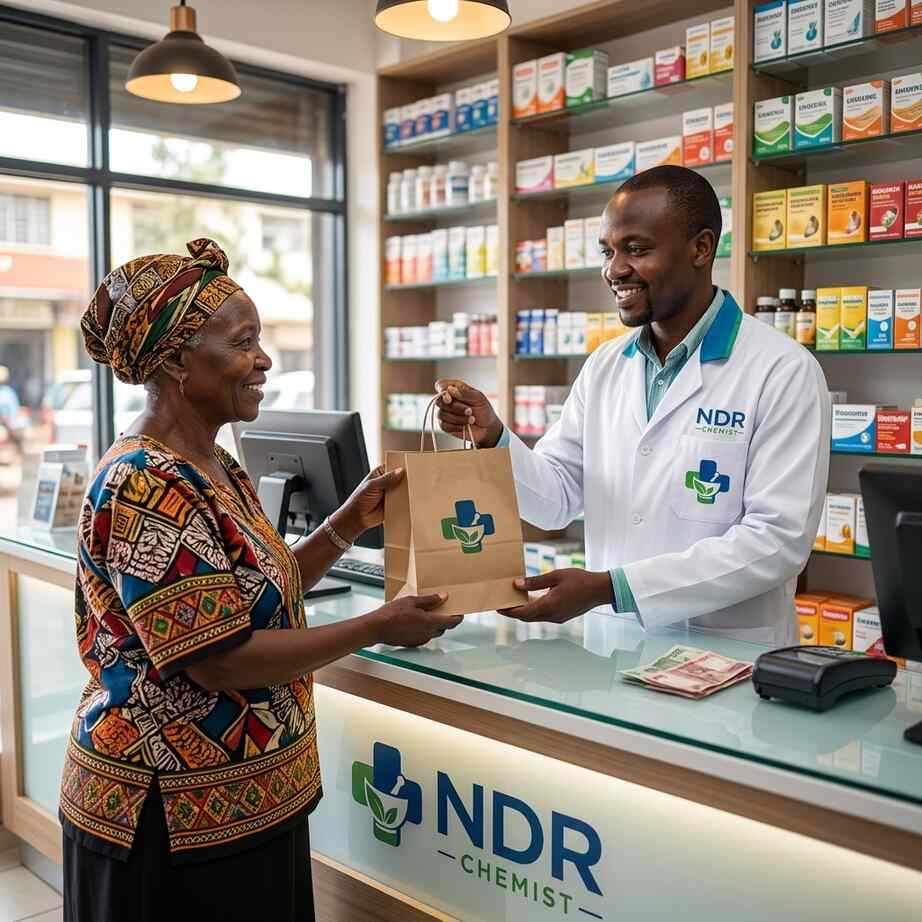 NDR Chemist pharmacist handing a medicine bag to an elderly woman customer