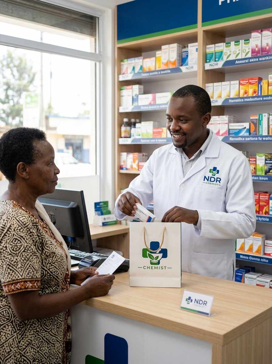 NDR Chemist pharmacist handing a medicine bag to a female customer
