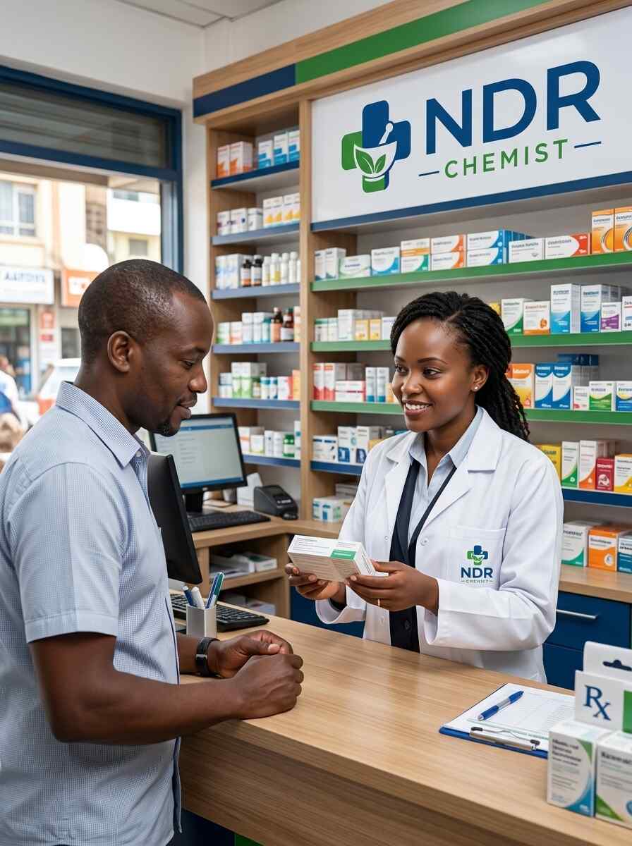 NDR Chemist pharmacist handing medicine to a customer at the counter in Makindu