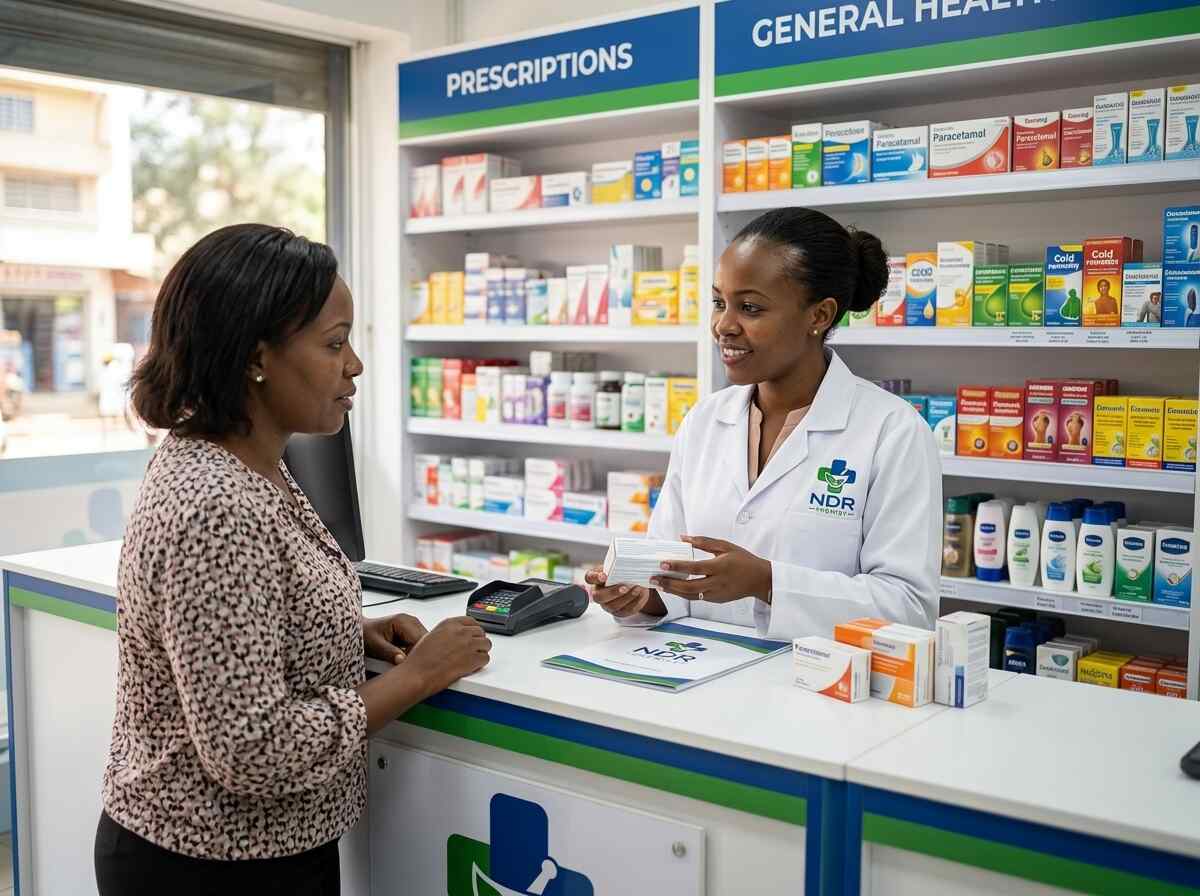 Prescriptions and general health product shelves inside NDR Chemist
