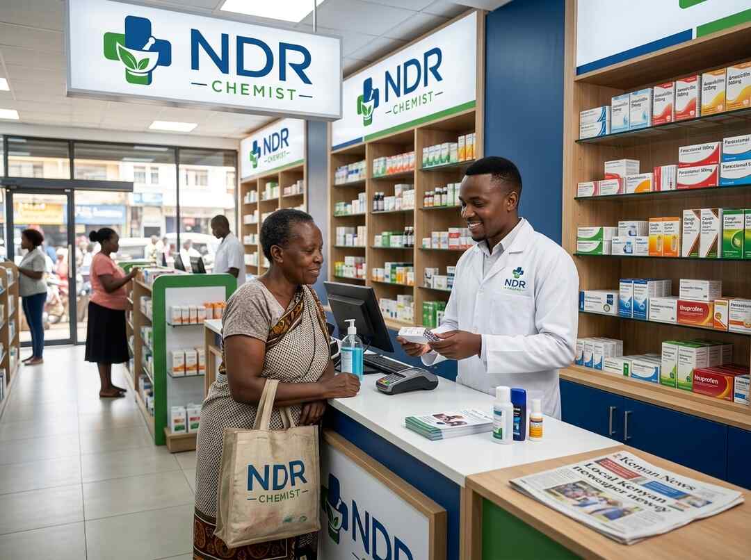 NDR Chemist storefront with blood pressure check and health service posters in Makindu