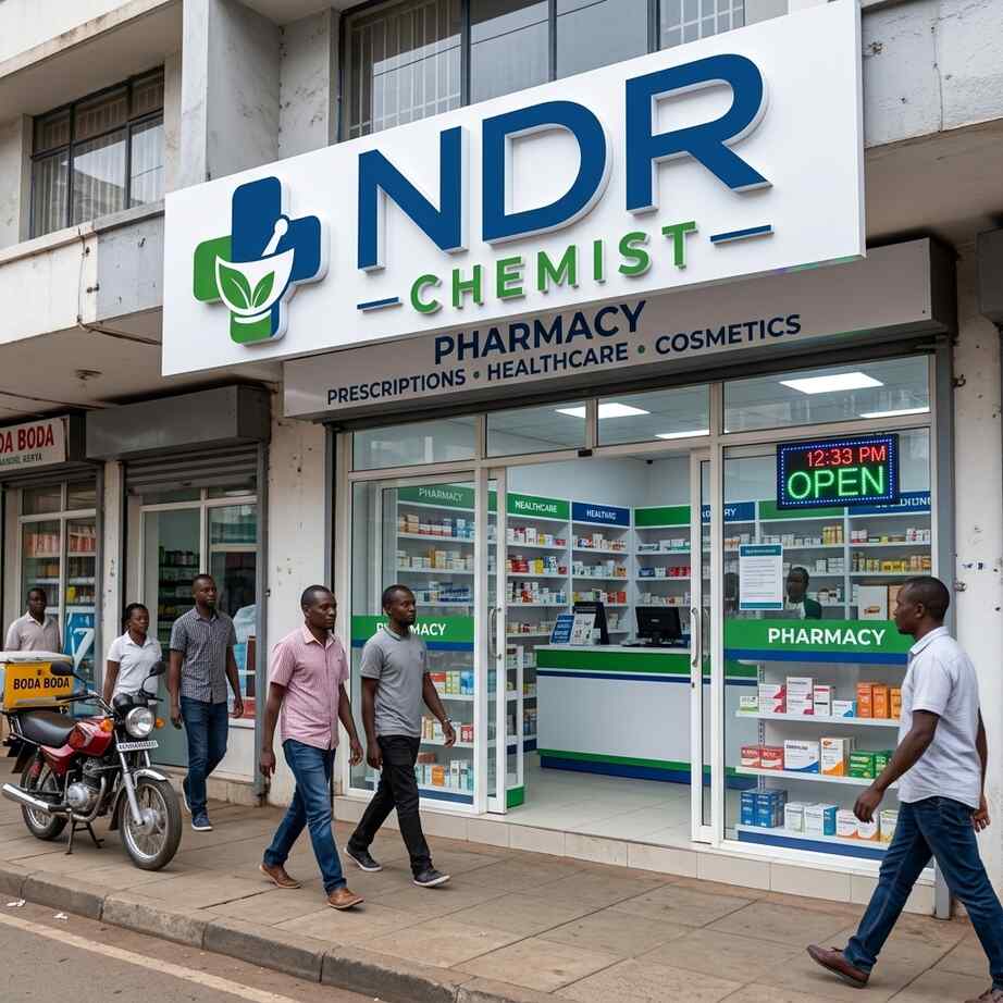 NDR Chemist storefront with boda bodas on the street in Makindu
