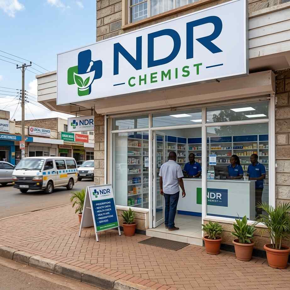NDR Chemist storefront entrance with services signboard in Makindu